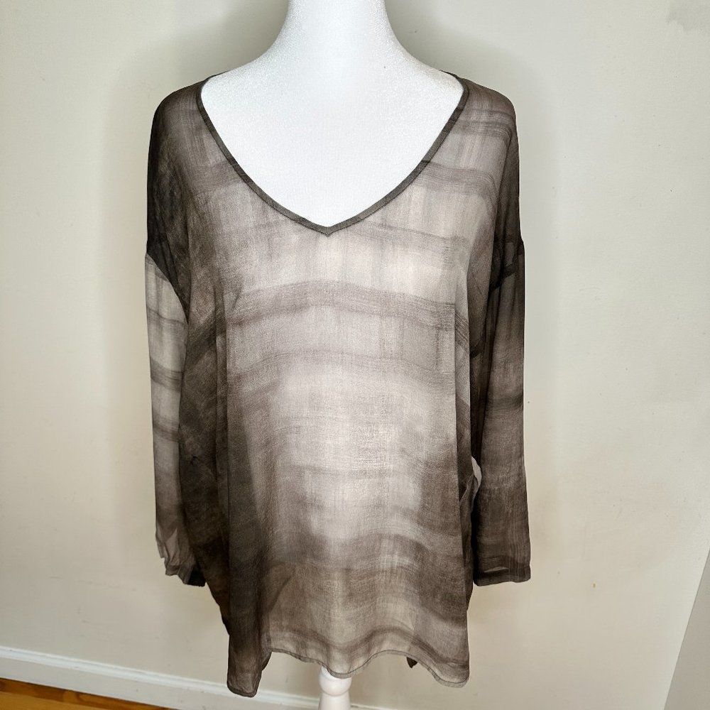 Exclusive Eileen Fisher Oxidized Printed Silk Blouse‎ Taupe Size XL
